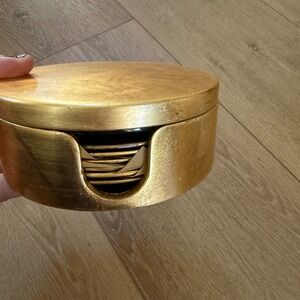 Vintage Gold Leaf Wooden Coaster Set with Lidded Holder Hollywood Regency 6pc